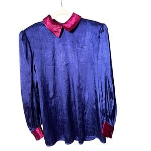 0137 Vintage Jeanne Marc Satin Collar Blouse Purple Magenta M